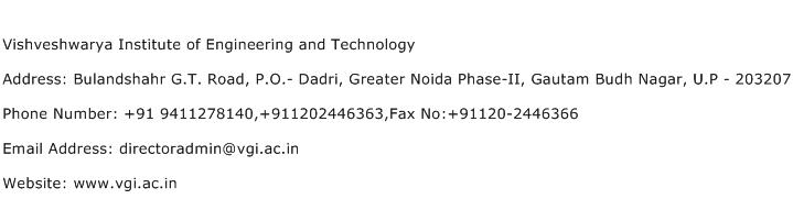 Vishveshwarya Institute of Engineering and Technology Address Contact Number