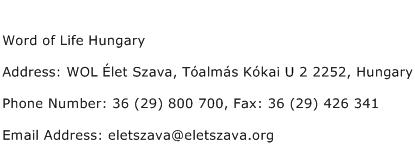 Word of Life Hungary Address Contact Number