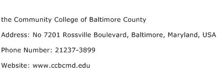 the Community College of Baltimore County Address Contact Number